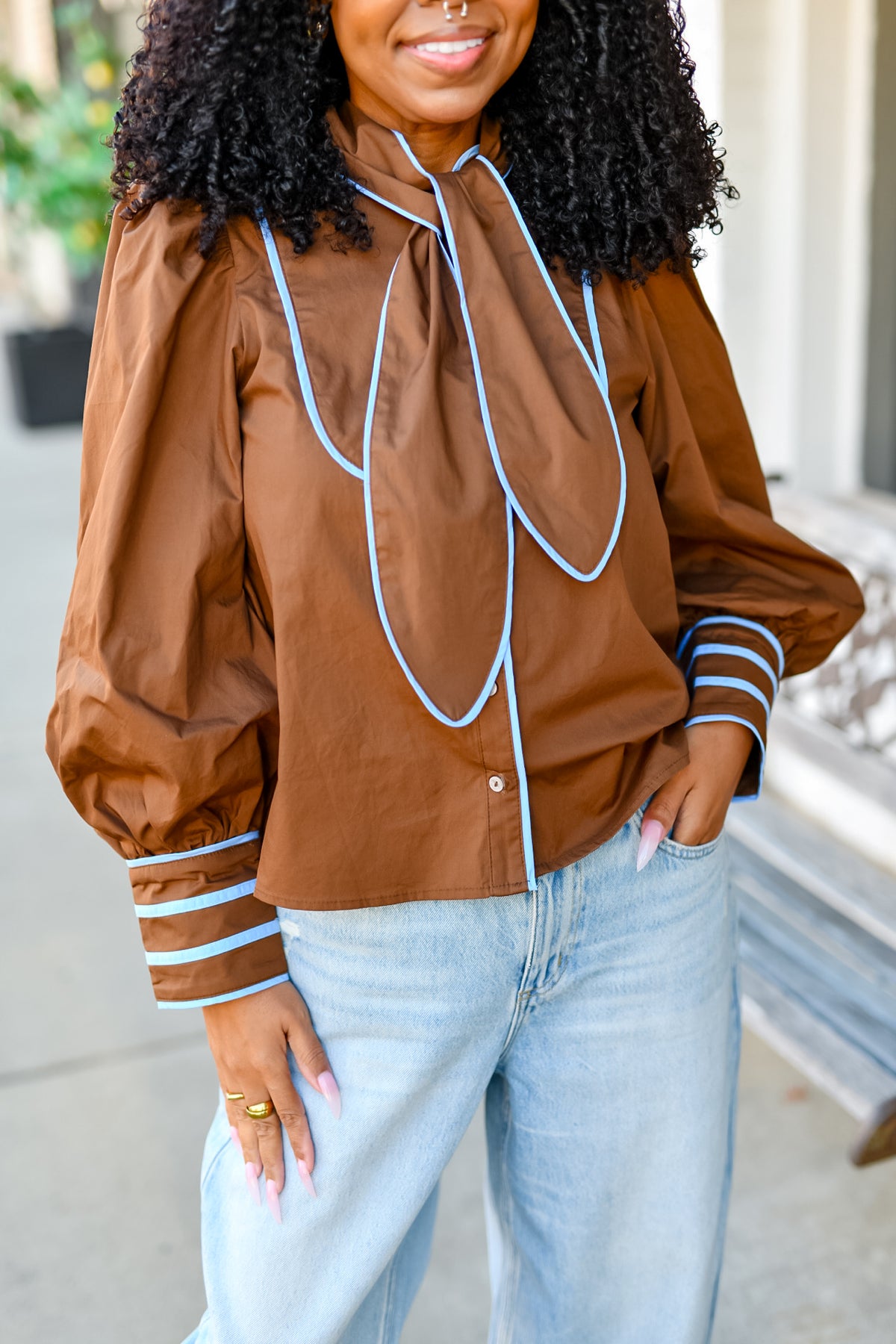 The Prim & Proper Bow Blouse in Brown