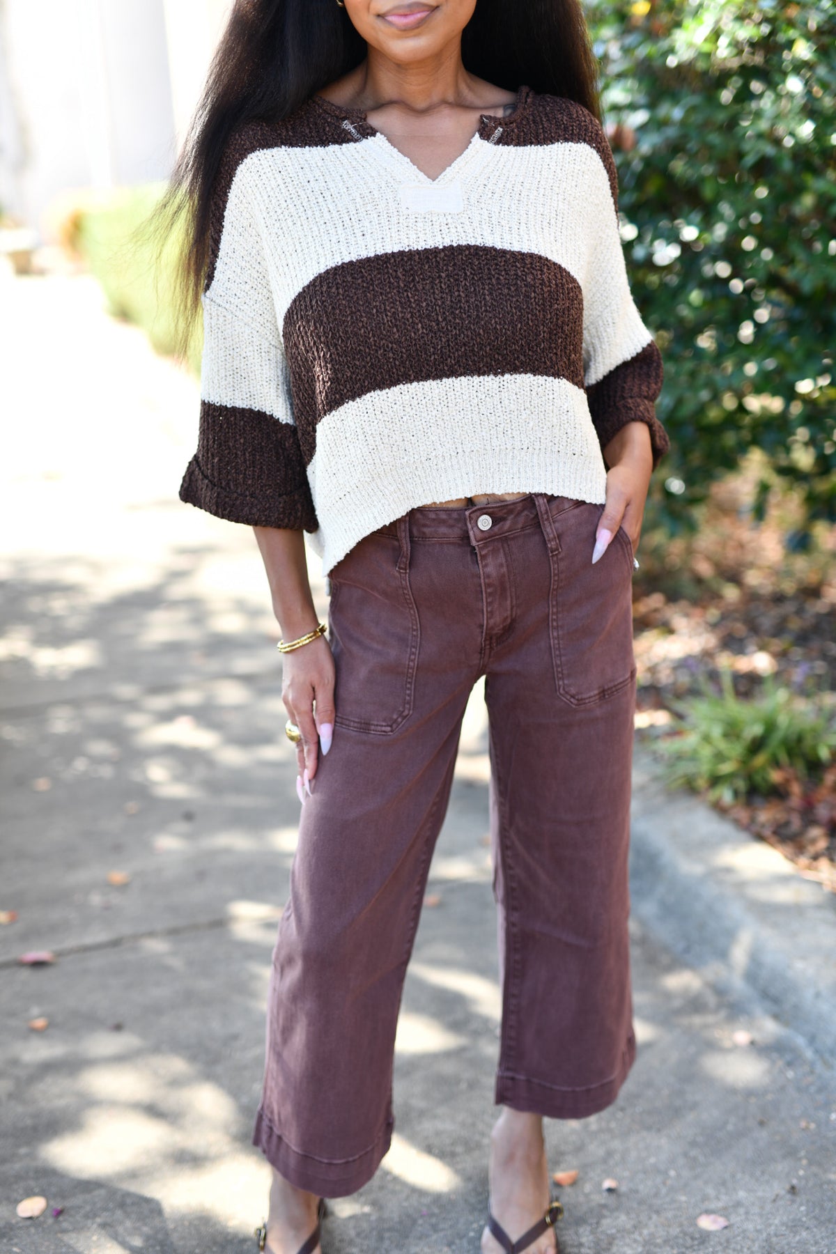 Cropped Wide Leg Color Denim Pants-Rum Brown