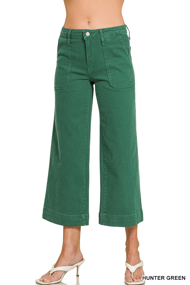 Cropped Wide Leg Color Denim Pants-Hunter Green