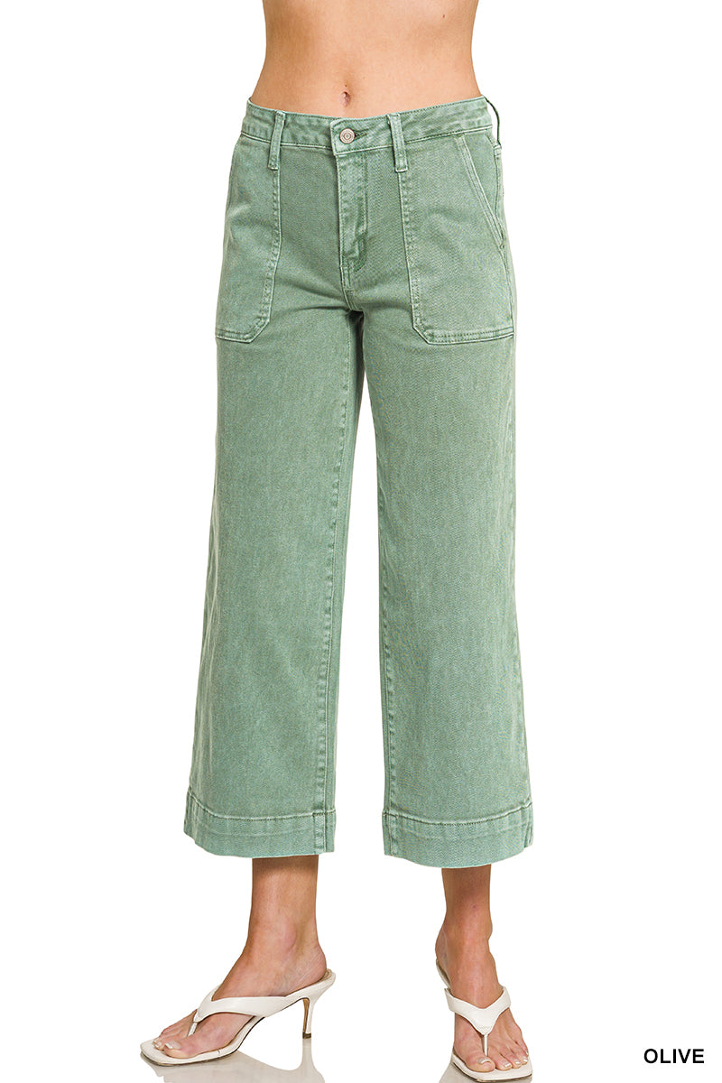 Cropped Wide Leg Color Denim Pants-Olive