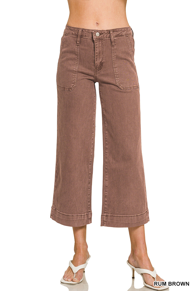 Cropped Wide Leg Color Denim Pants-Rum Brown
