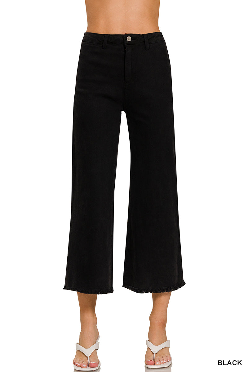 Acid Washed High Waist Frayed Hem Straight Pants-Black