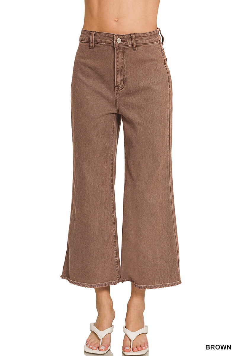 Acid Washed High Waist Frayed Hem Straight Pants-Brown