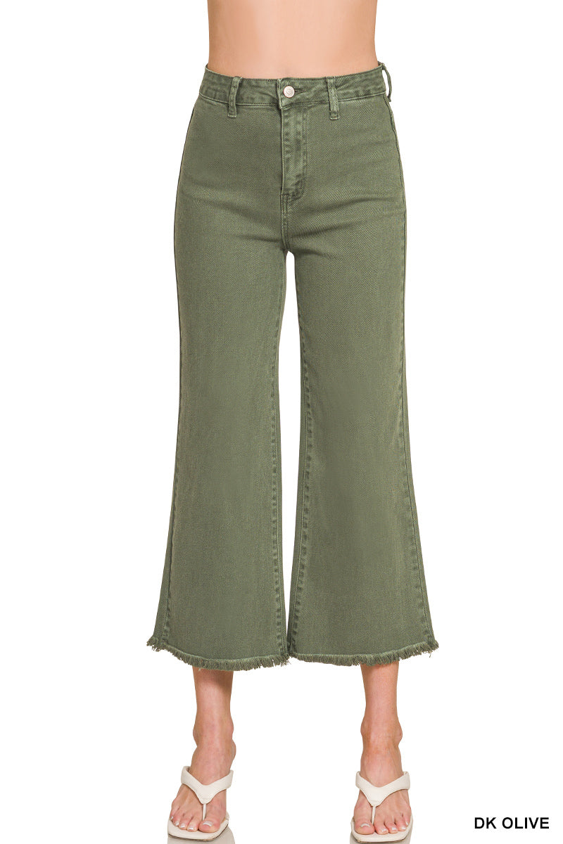 Acid Washed High Waist Frayed Hem Straight Pants-Dark Olive