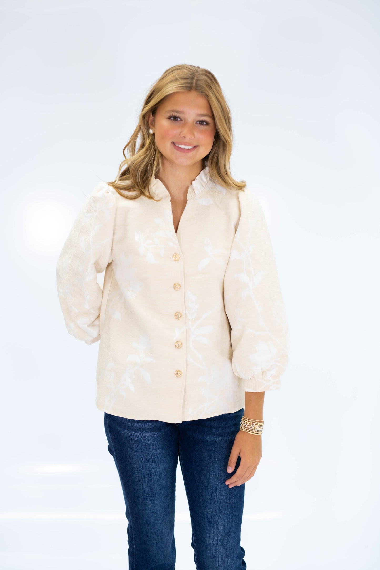 The Gia Jacquard Top in Oatmeal