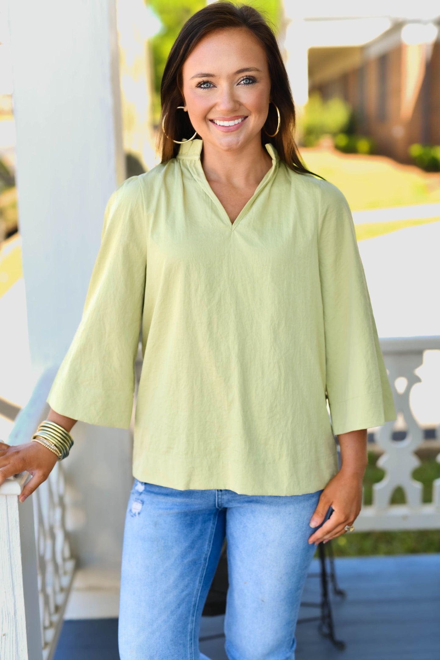 The Gemma Ruffle Neck Top in Sage