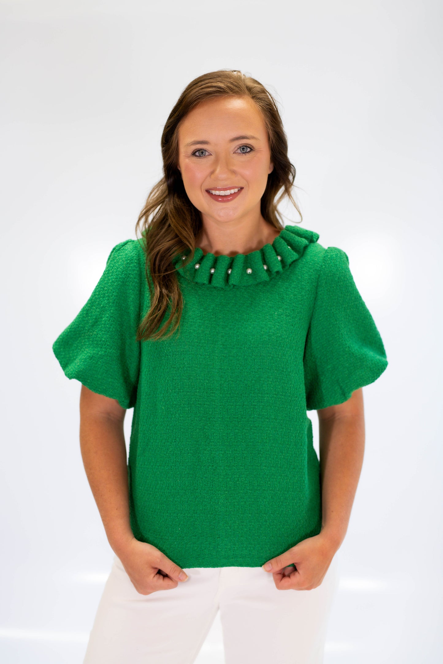 Pearled Ruffle Neckline Top