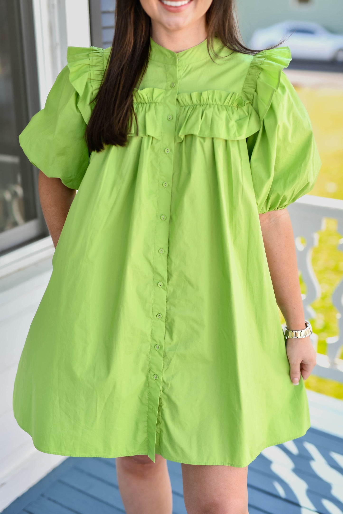 The Reed Puff Sleeve Dress in Lime