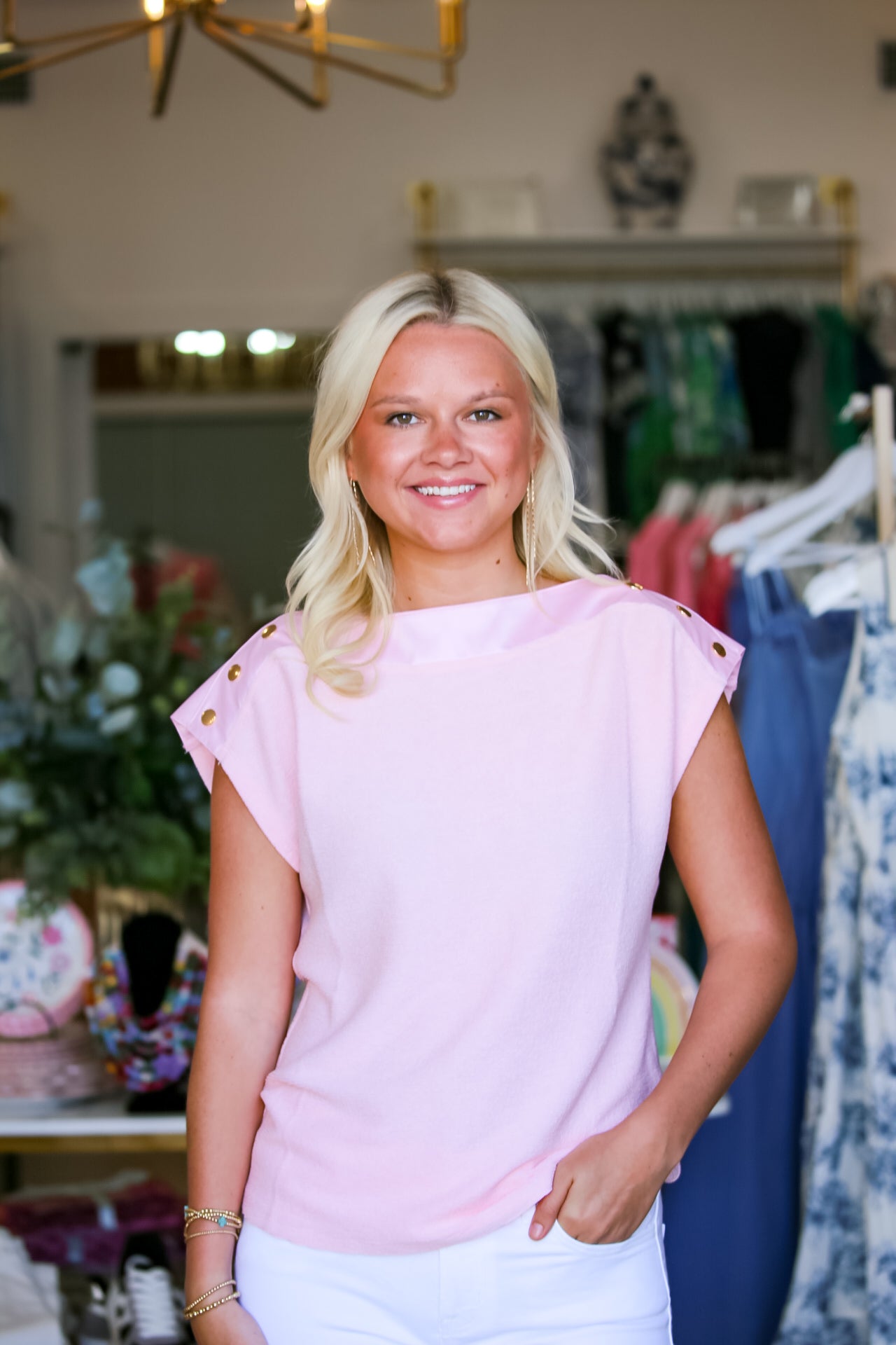 The Sutton Button Detail Blouse in Pink