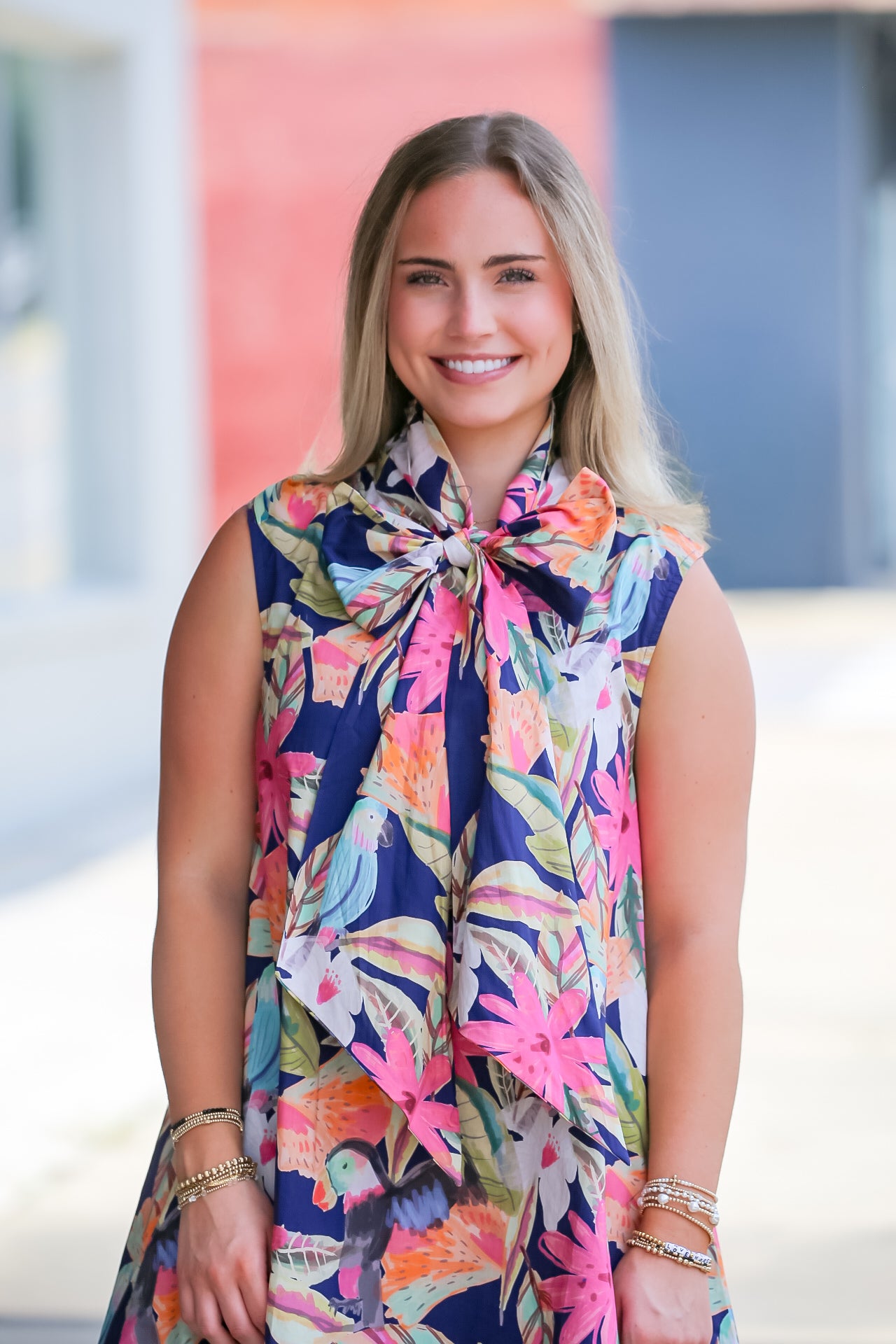 Tie Neck Sleeveless Floral Mini Dress in Navy
