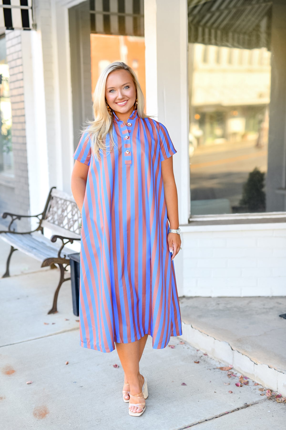 High Neck Stripe Midi Dress in Royal