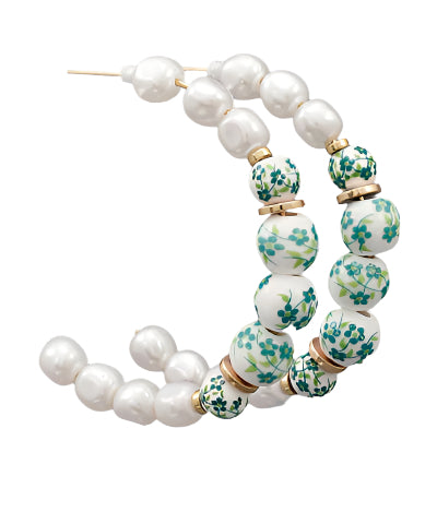 Printed Ball & Pearl Hoops-Green