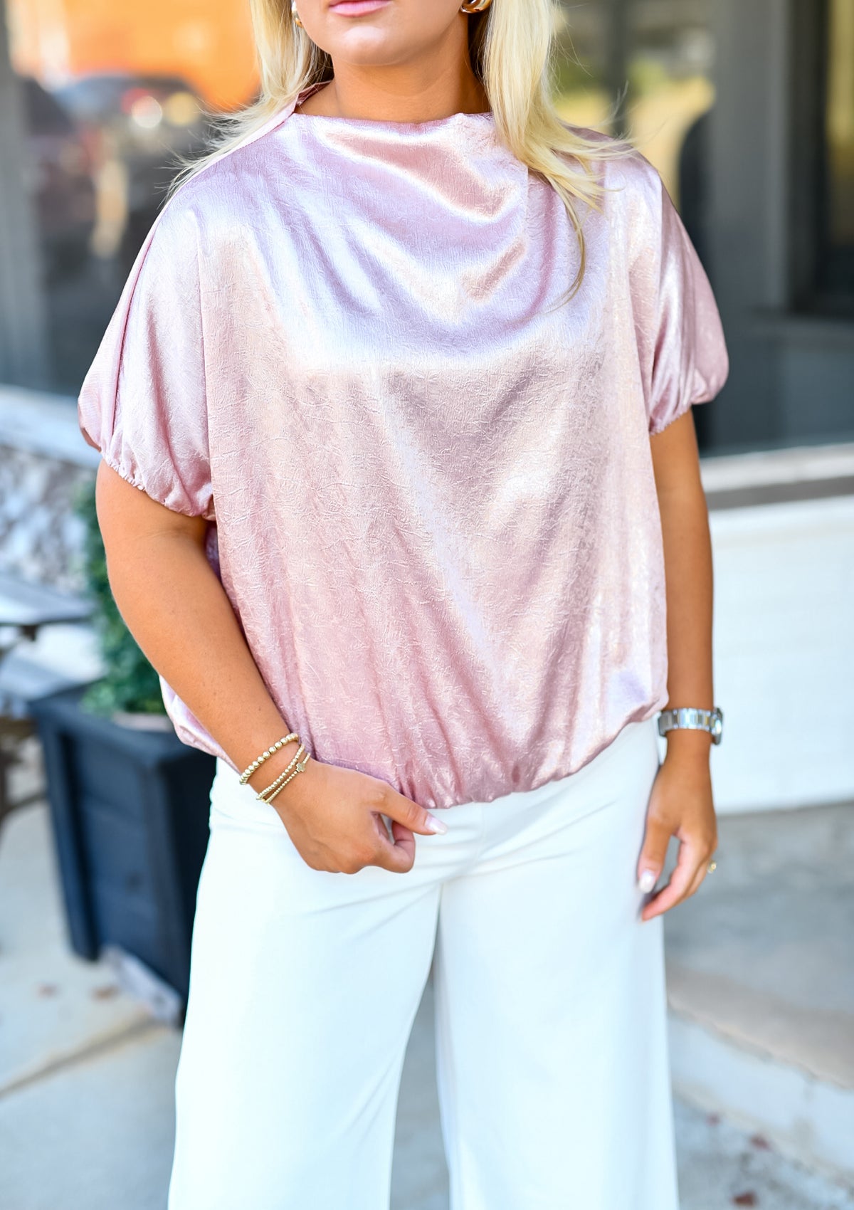 Metallic High-Neck Top in Pink