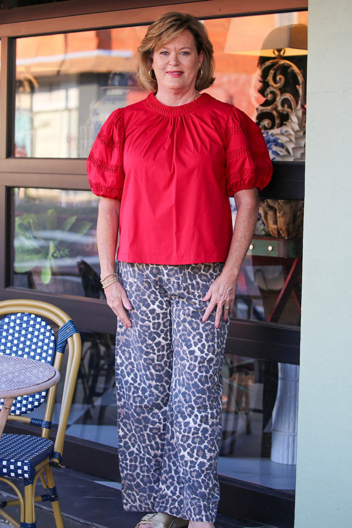 Pintuck Puff Sleeve Top in Red