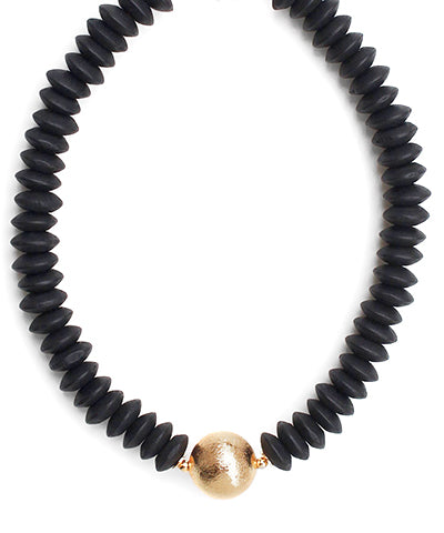 Wooden Bead & Metal Ball Necklace-Black