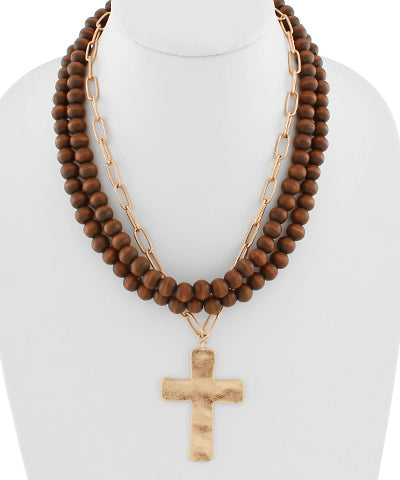 Triple Cross & Wood Bead Necklace