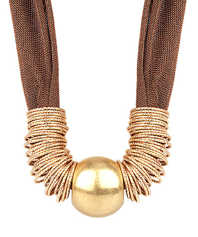 Metal Ball & Rings Mesh Necklace-Brown
