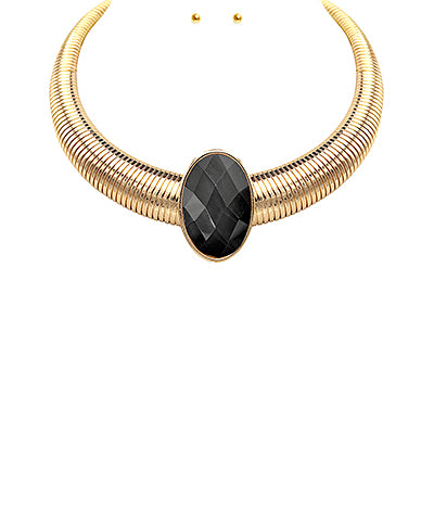 Oval Stone Omega Chain Statement Necklace-Black