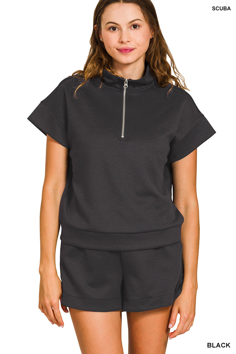 Scuba High Neck Half Zip Top & Shorts Set in Black