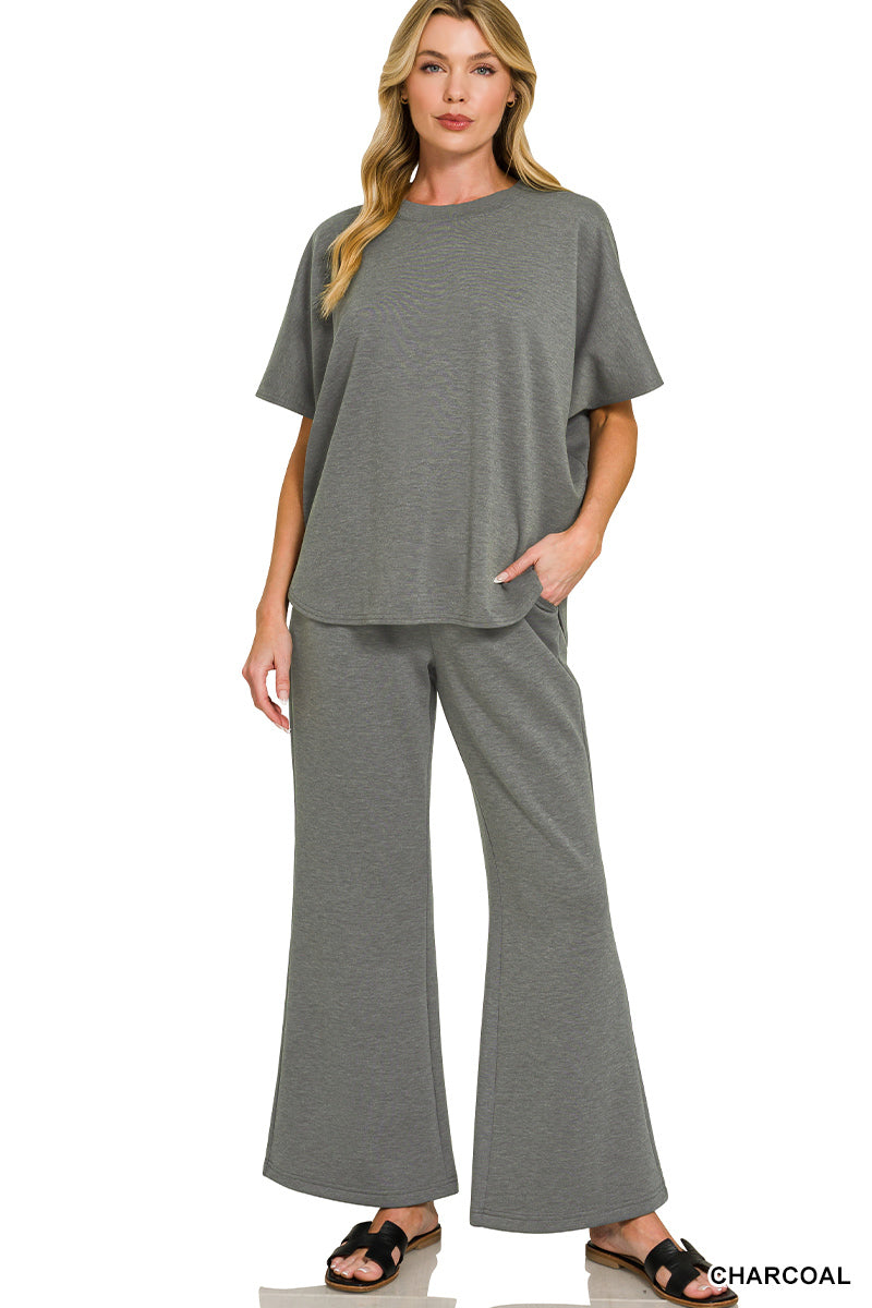 Scuba Curved Hem Top & Pants Set in Charcoal