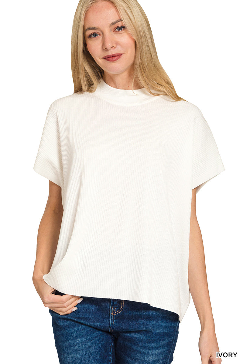 Mock Neck Short Sleeve Boxy Sweater in Ivory