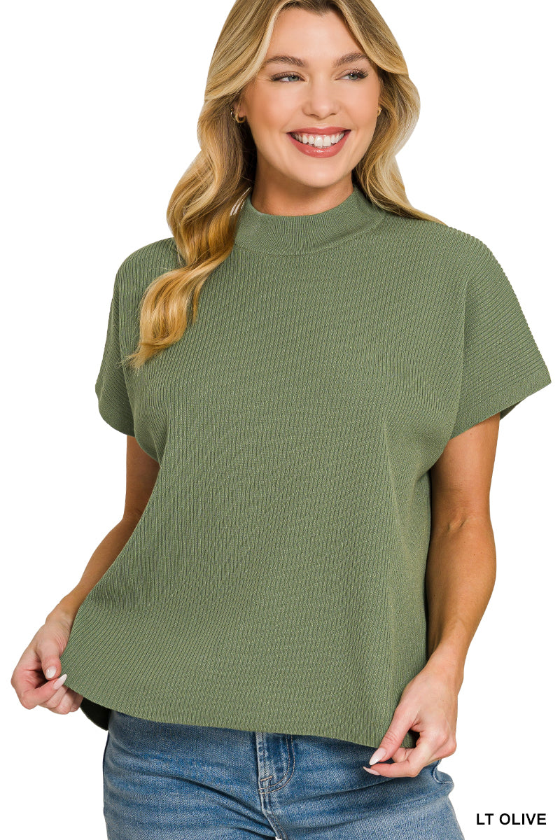 Mock Neck Short Sleeve Boxy Sweater in Light Olive