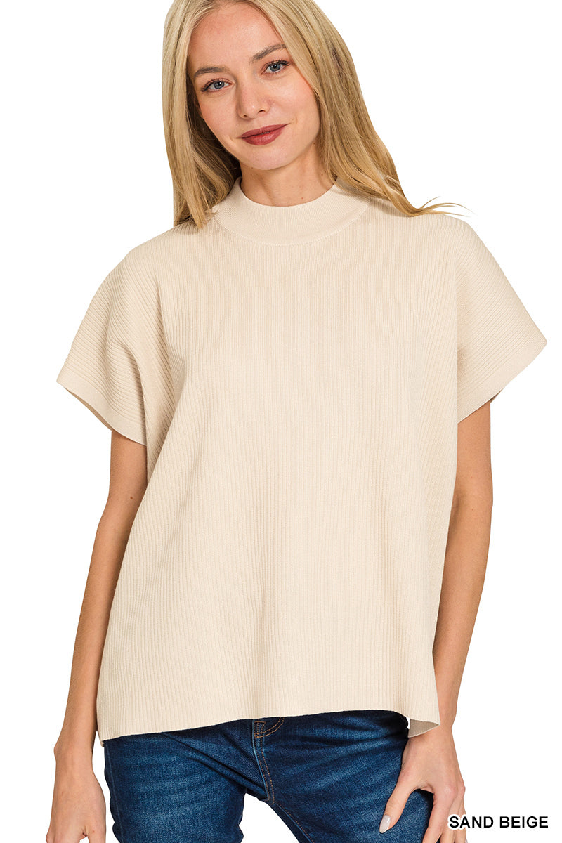 Mock Neck Short Sleeve Boxy Sweater in Sand Beige
