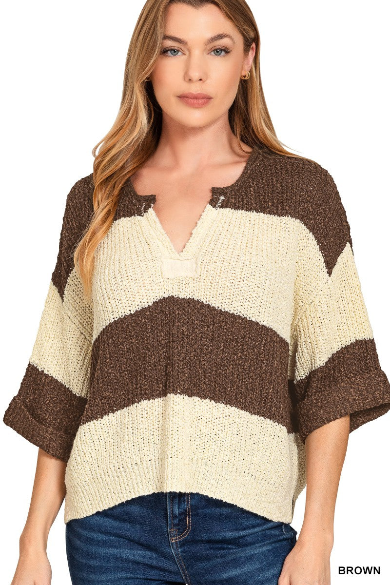 V-neck Stripe Sweater in Brown