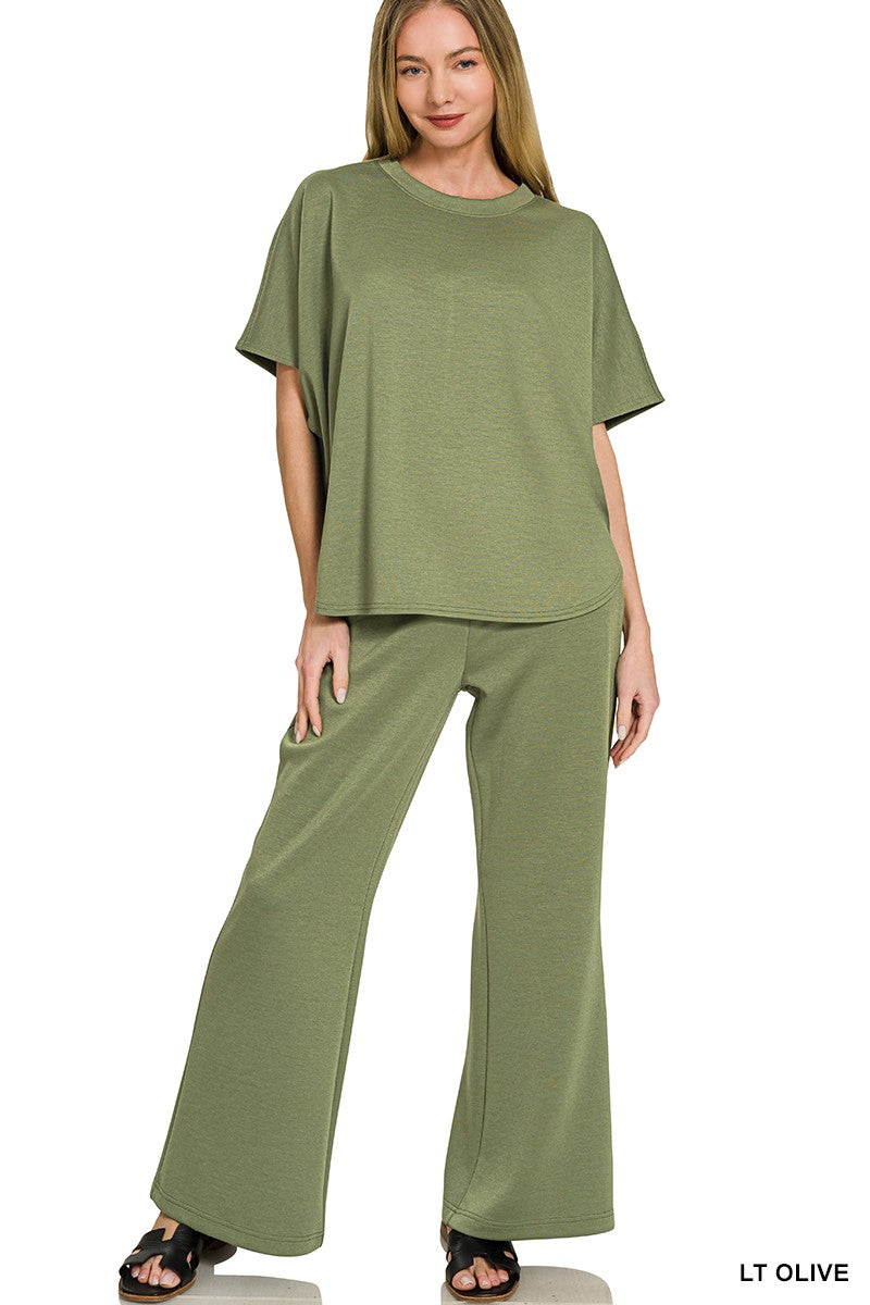 Scuba Curved Hem Top & Pants Set in Light Olive