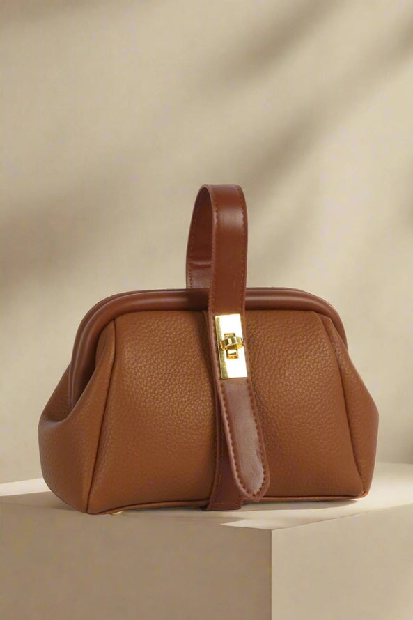 Selah Mini Clutch/Crossbody with Twist Lock Closure in Brown