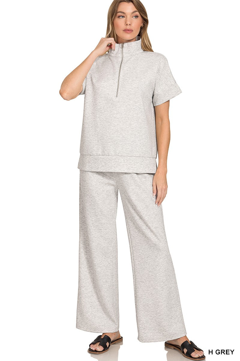 Scuba High Neck Half Zip Top & Pants Set in Heather Grey