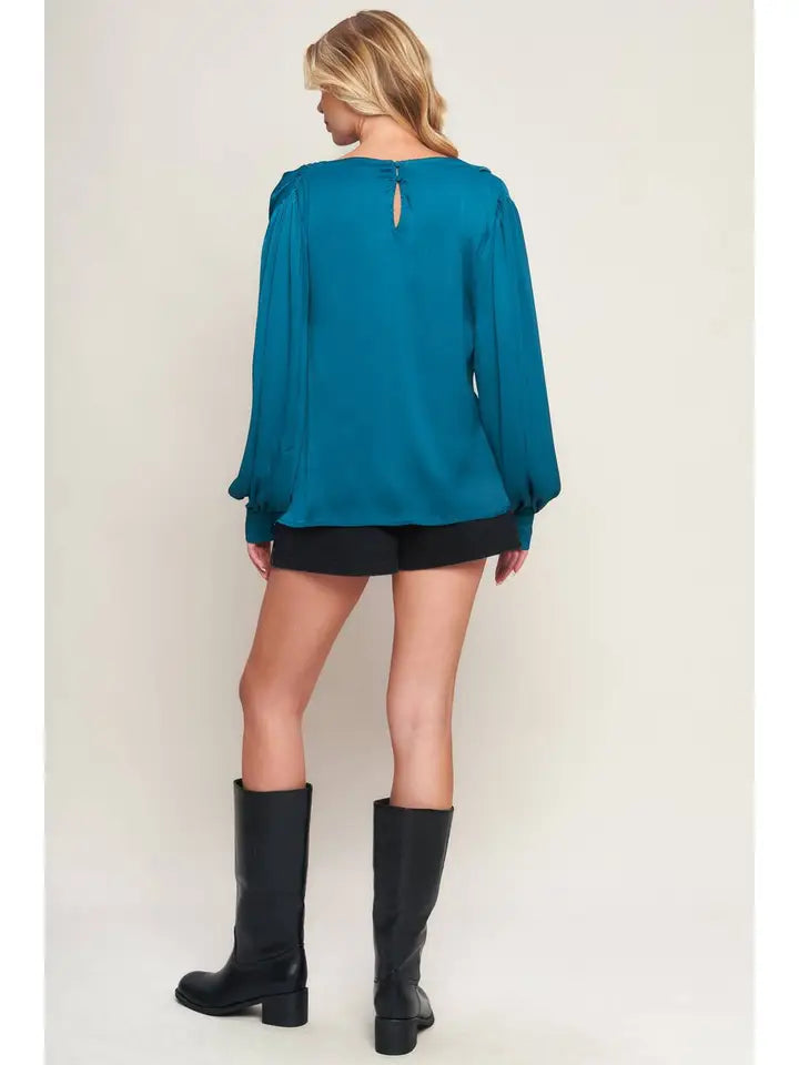 Solid Woven Satin Top-Teal