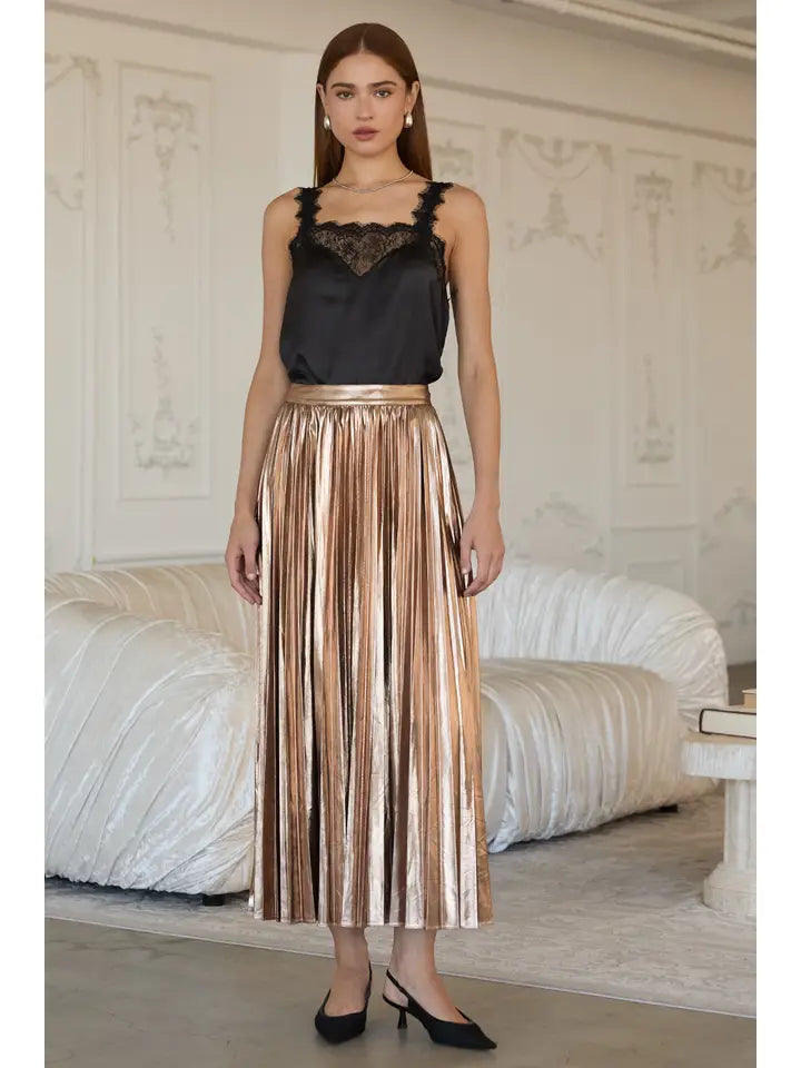 Metallic Pleated Maxi Skirt