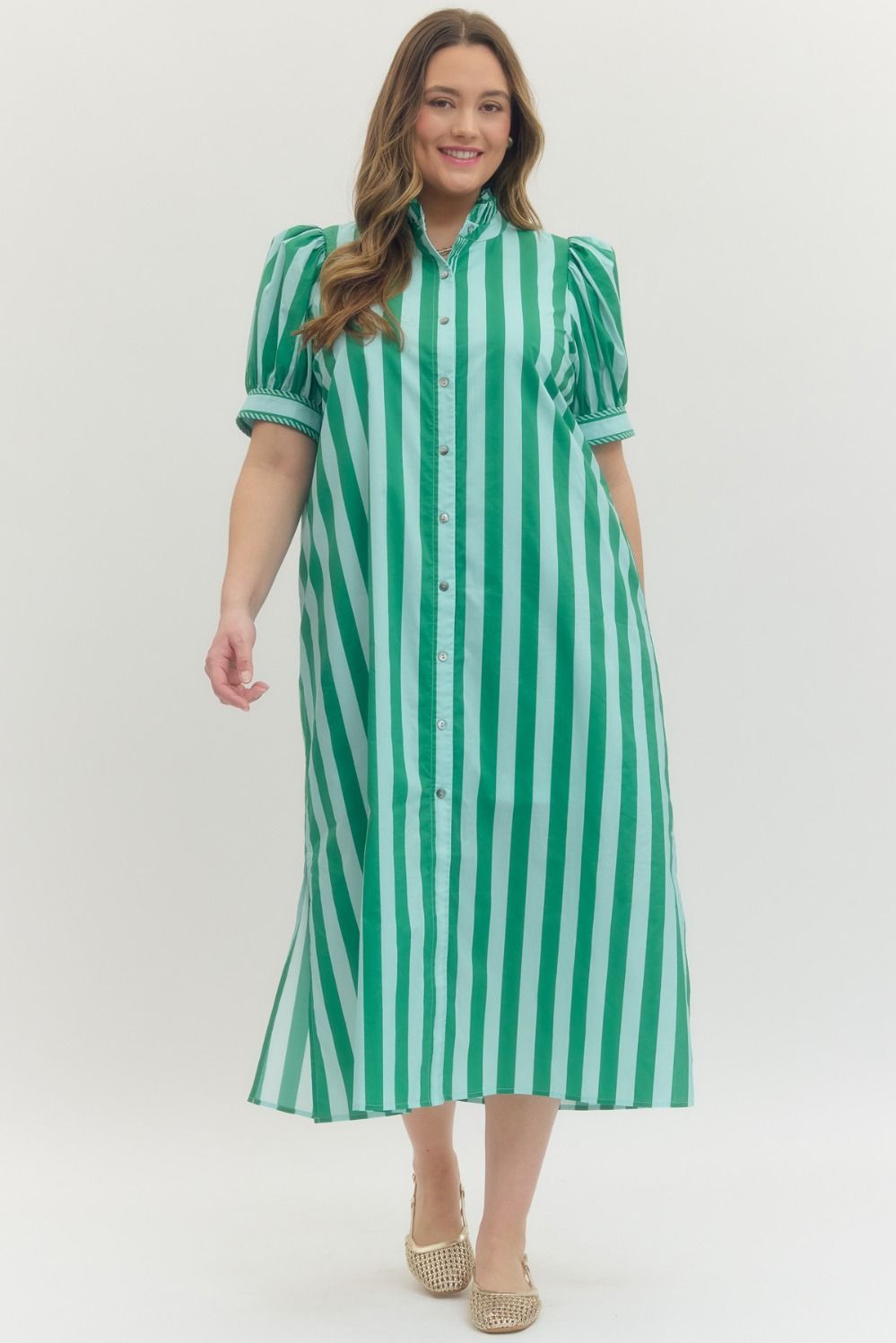 Sunday Stroll Stripe Dress in Green-Curvy