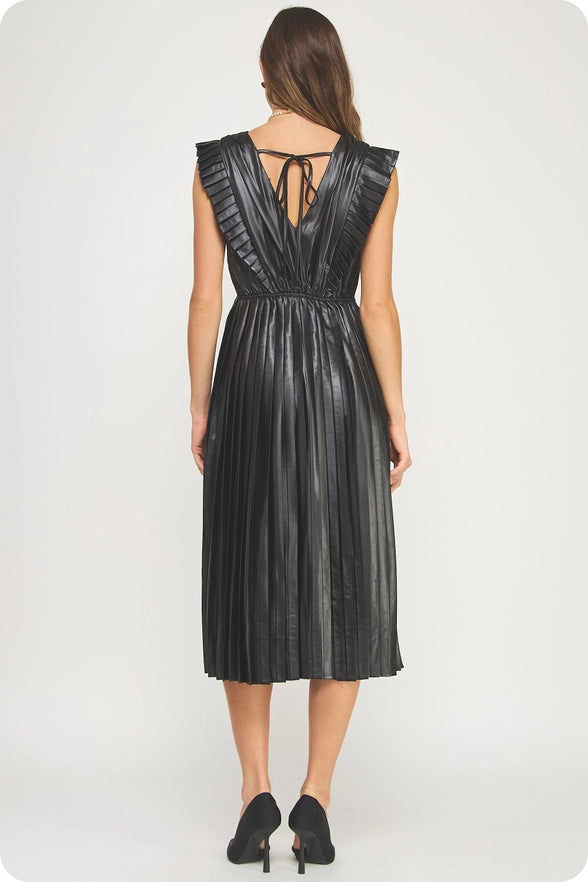 Sleeveless Pleated Satin Midi Dress