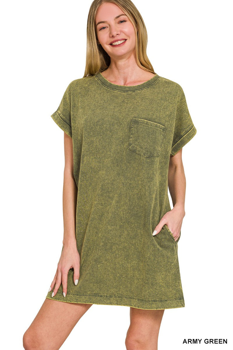 Acid Washed T-shirt Dress in Army Green