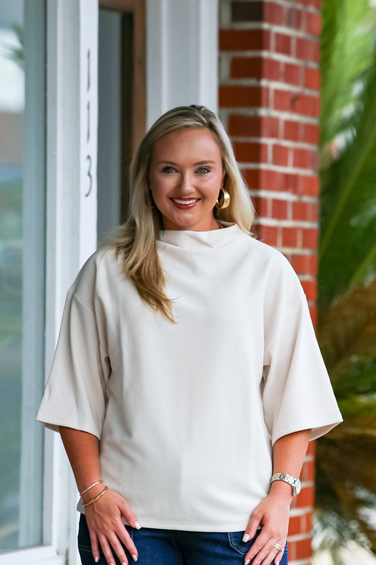 Mock Turtleneck Short Sleeve Top in Ivory
