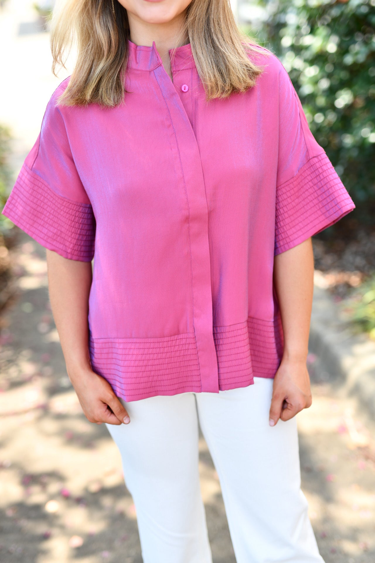 Mock Neck Stitch Detailed Button Down-Fuchsia