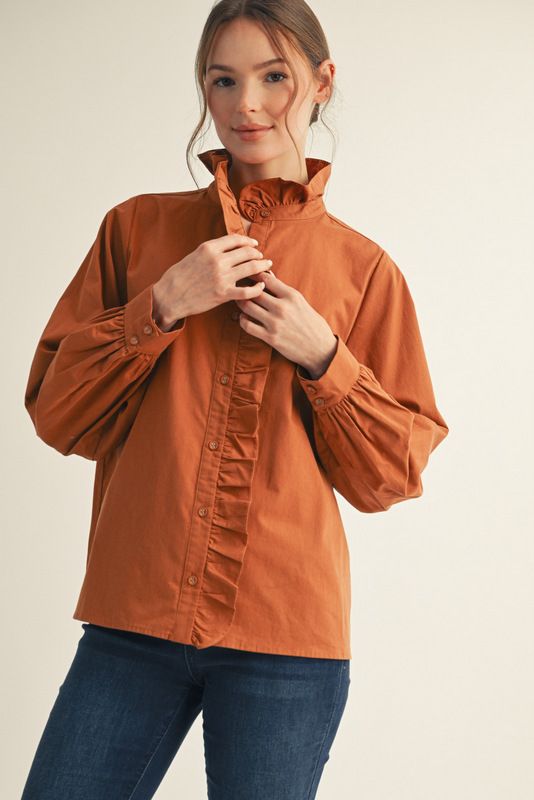 Button Down Ruffle Shirt-Toffee