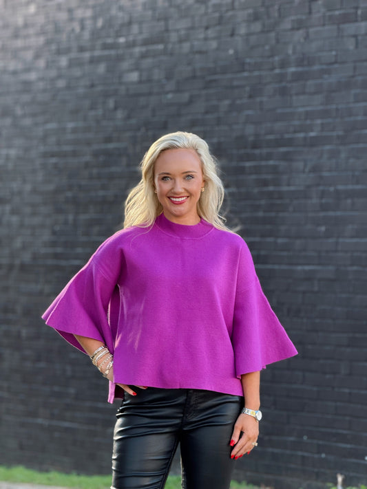 The Beth Bell Sleeve Sweater in Plum