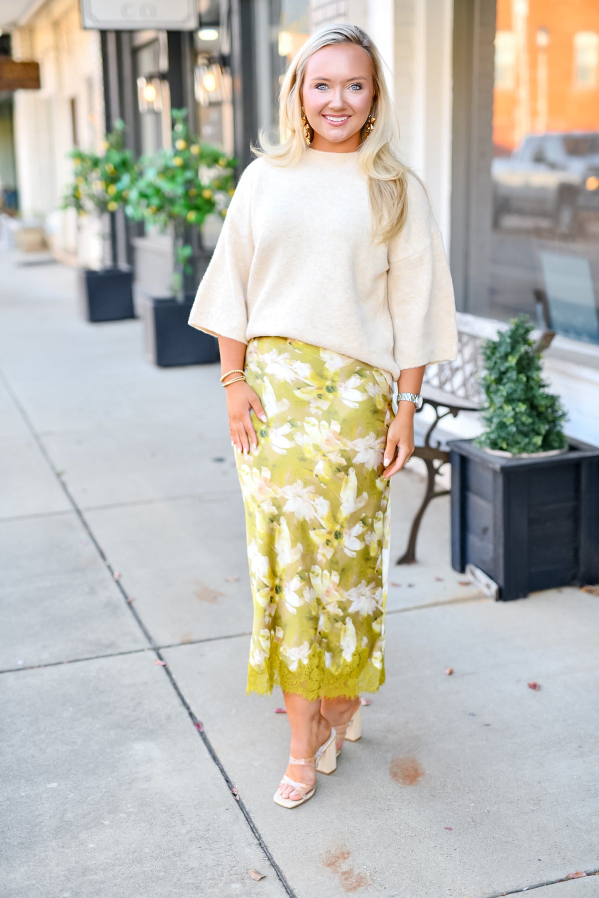 Lace Satin Floral Midi Skirt in Olive