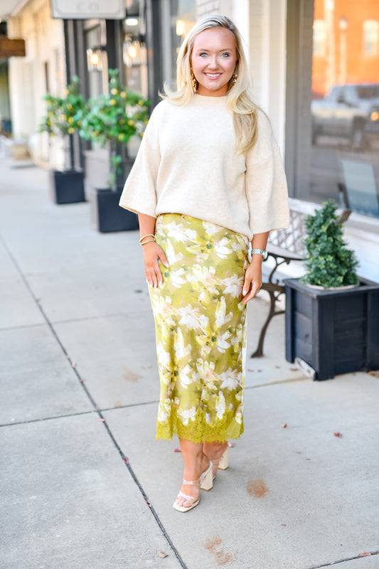Lace Satin Floral Midi Skirt in Olive