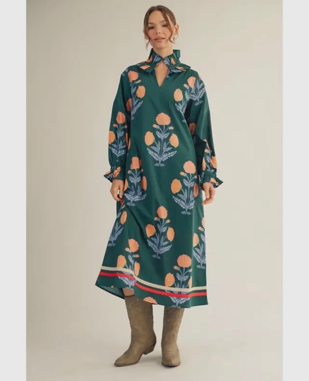 Ruffle Neckline Floral Midi Dress-Green