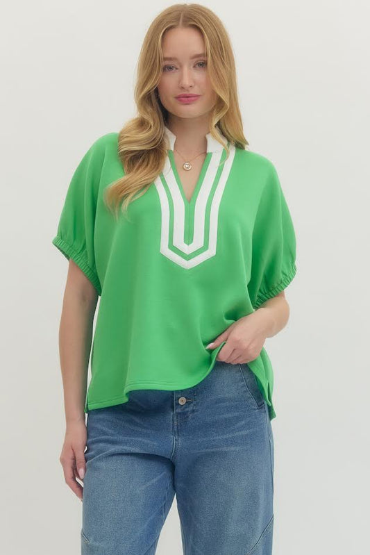 The Classic Contrast V-Neck Top-Green