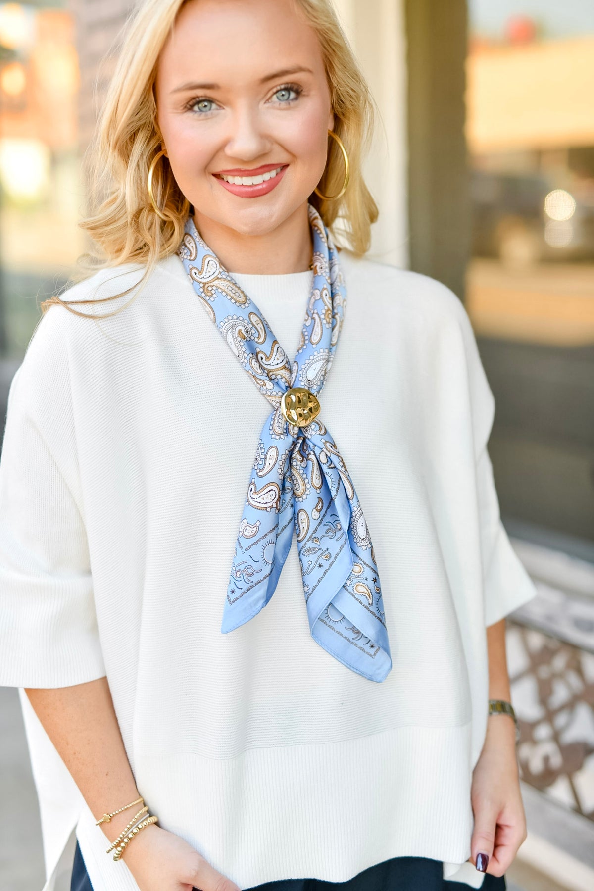 Printed Scarf Round Ring Necklace-Blue/Ivory