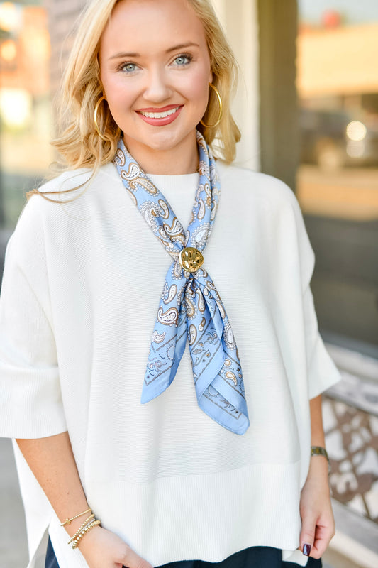 Printed Scarf Round Ring Necklace-Blue/Ivory