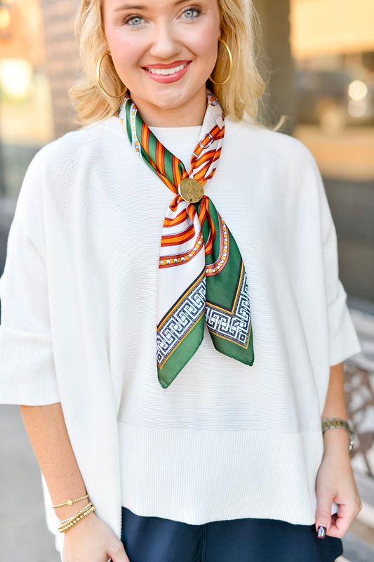 Printed Scarf Round Ring Necklace-Olive/Ivory