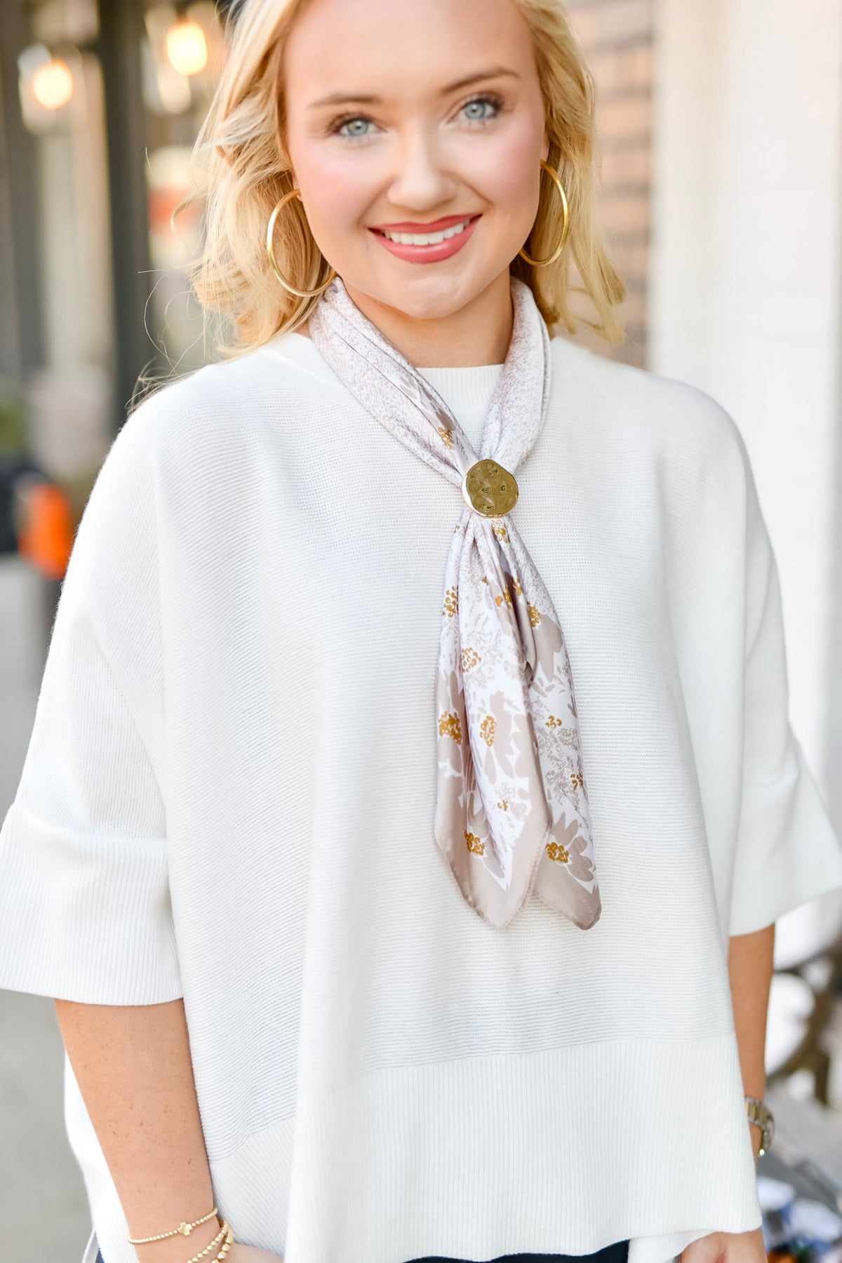 Printed Scarf Round Ring Necklace-Ivory/Beige
