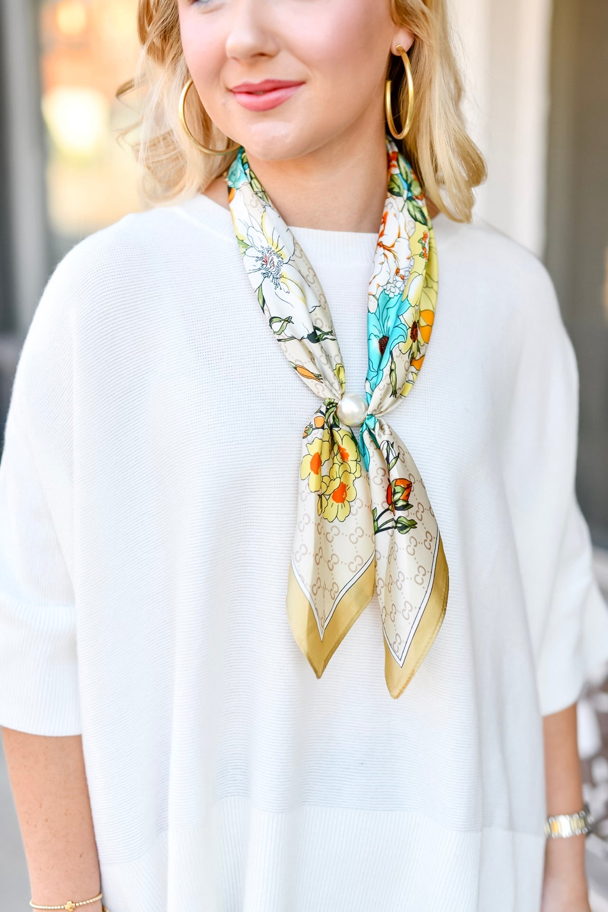 Pearl Accent Floral Scarf Necklace-Beige/Teal