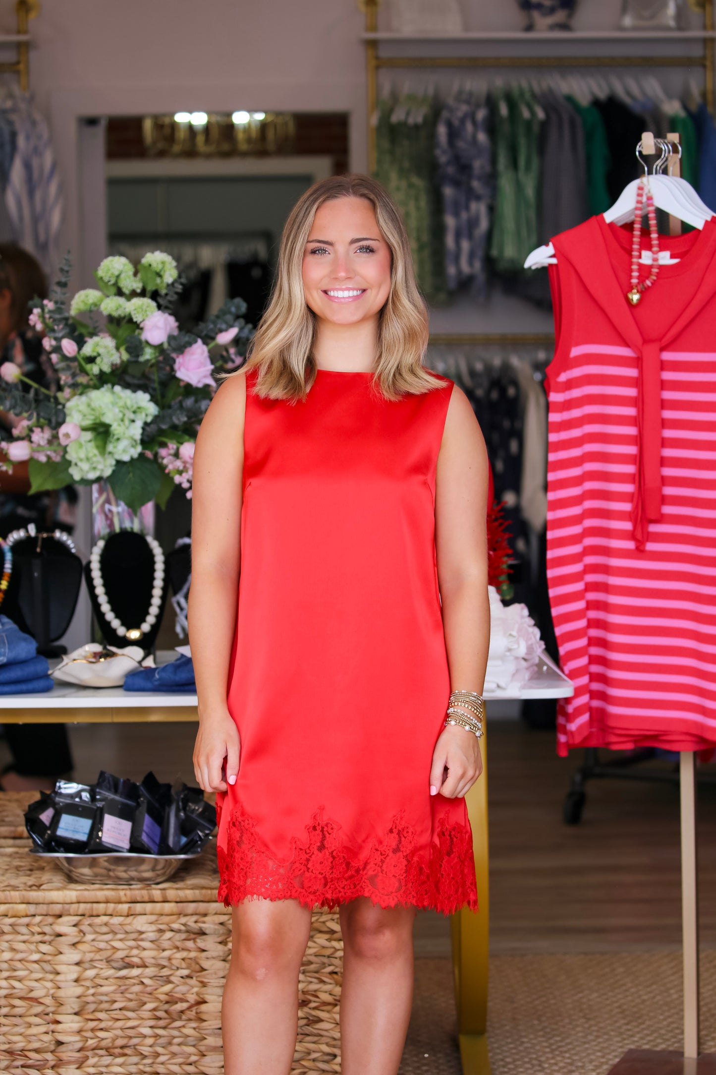 Lace Detail Satin Shift Dress in Red